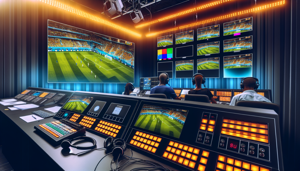 Profissional operando sala de controle para transmissão ao vivo de evento esportivo no Brasil