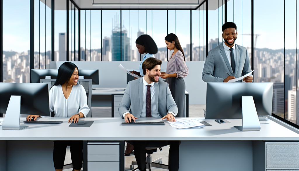 Profissionais administrativos brasileiros em ambiente corporativo moderno